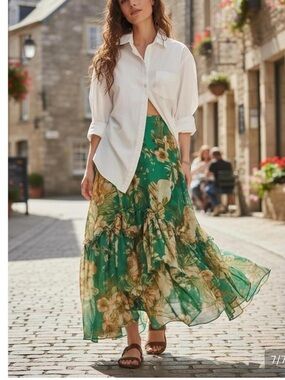 Amber Sky Skirt Womens Small Green Floral Ruffle Tiered Asymmetric Boho Maxi